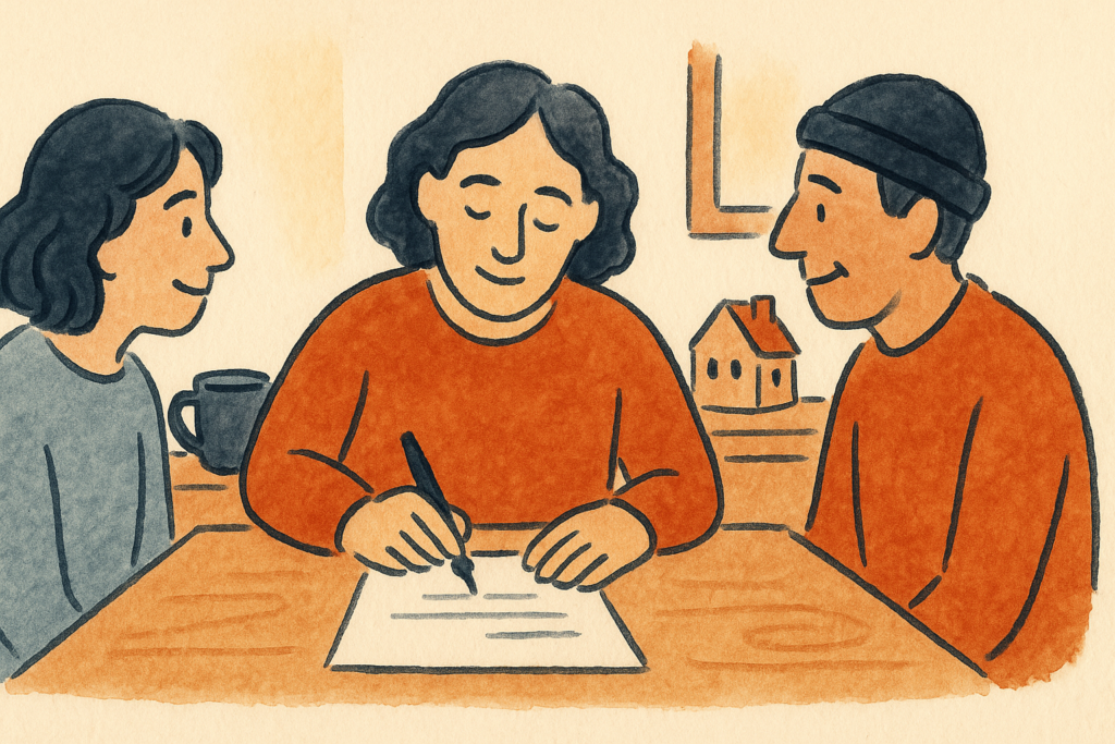 a person signing a will at a kitchen table with two neighbors as witnesses