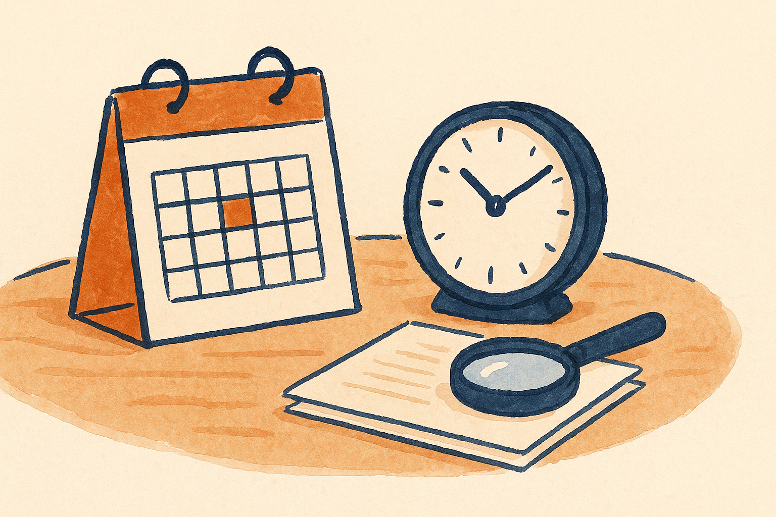 a desk calendar, a clock, and a magnifying glass on a table