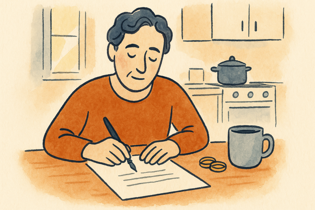 A person signing a fresh document with wedding rings set aside