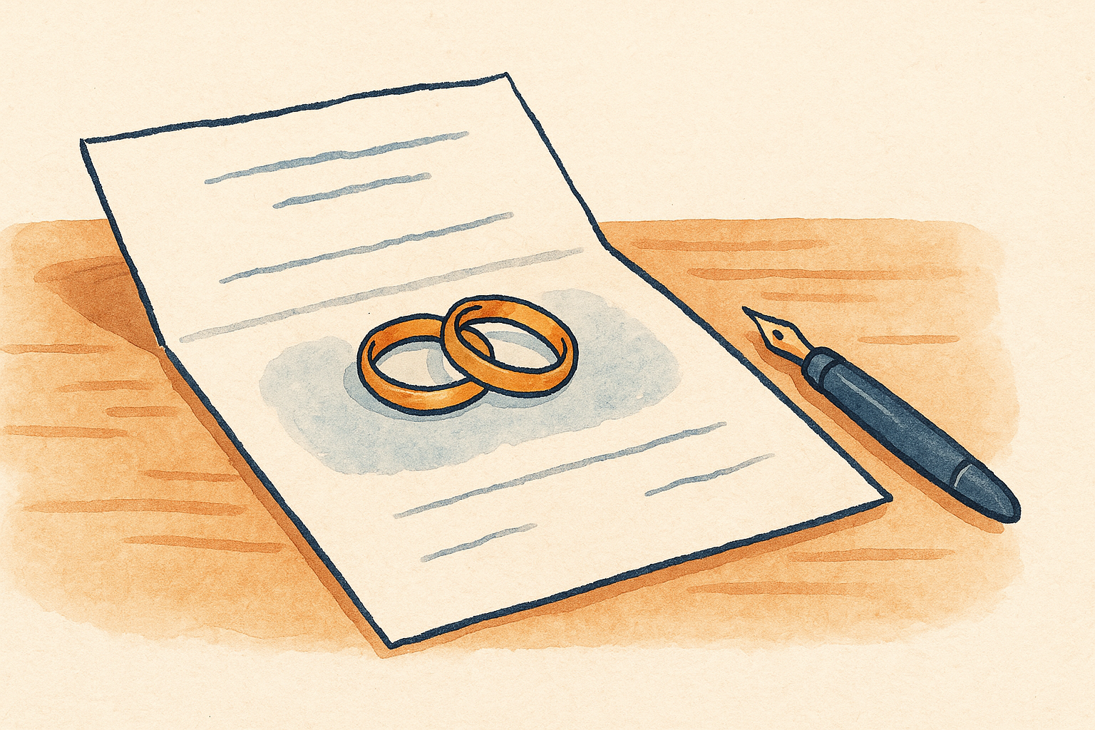Two wedding rings resting on a folded certificate with a pen beside them