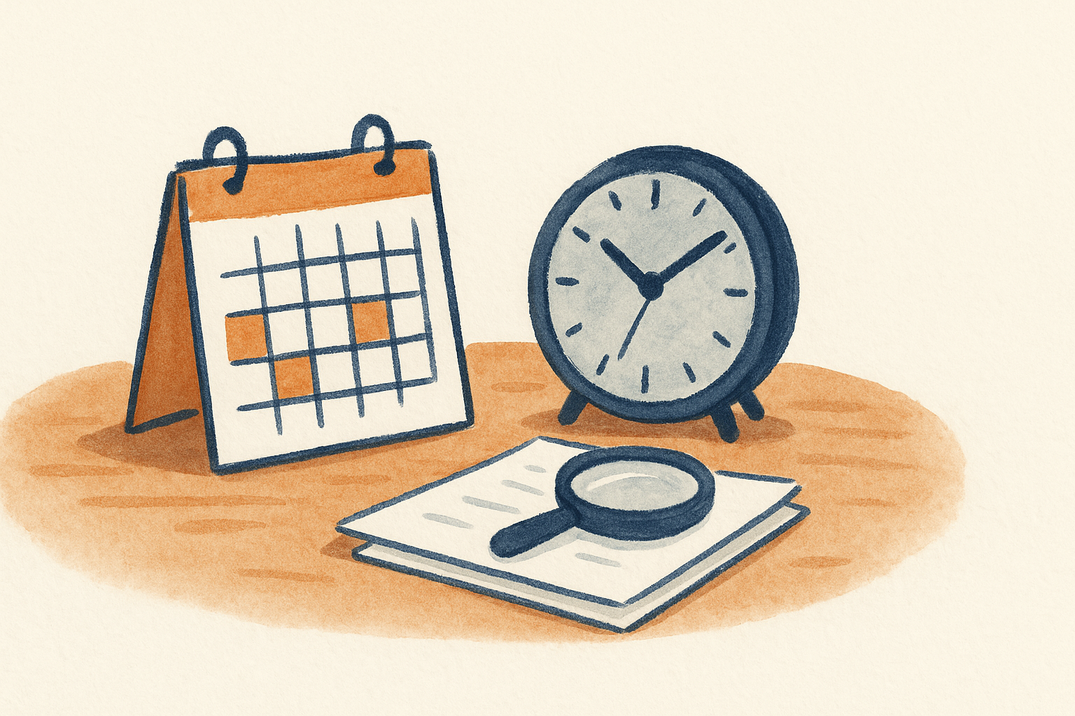 A desk calendar, a clock, and a magnifying glass on papers