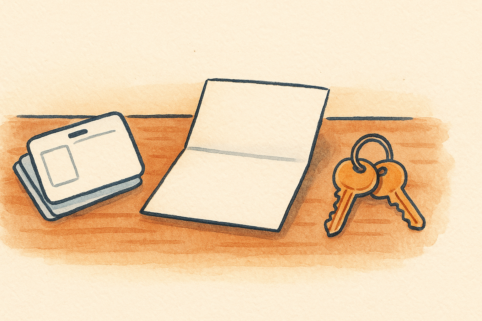 Blank identification cards, a document, and house keys in a row on a desk