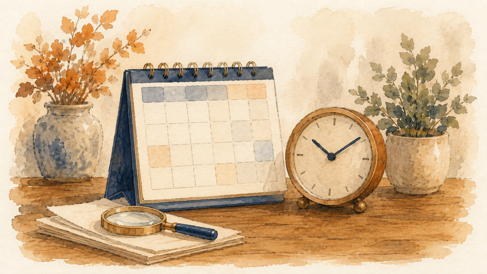 A desk calendar, a clock, and a magnifying glass on a stack of papers