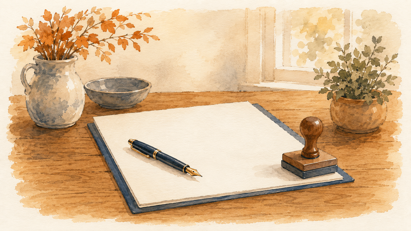 A document on a desk with a fountain pen and a rubber stamp, suggesting signing and notarizing