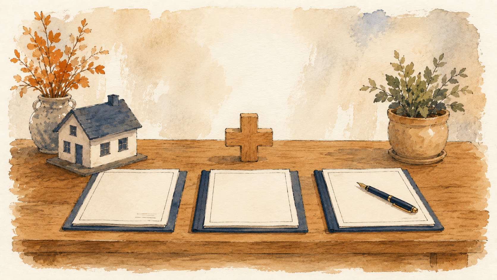 Three folded documents on a desk beside a small house, a medical cross, and a pen