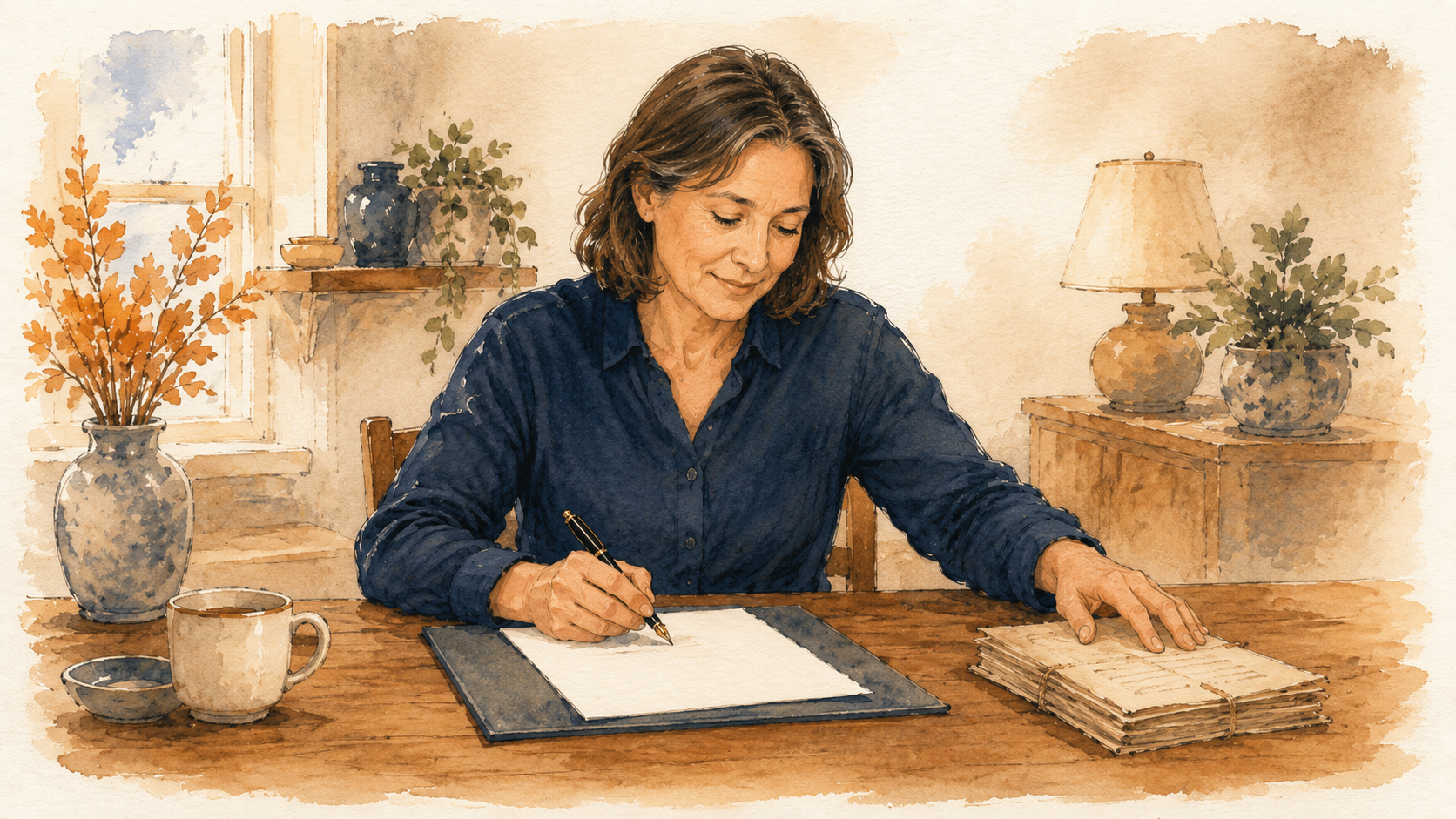 A person setting an older document aside and signing a fresh one