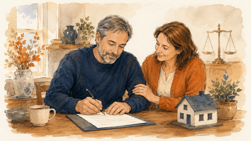 A couple signing a power of attorney document at a kitchen table with a small house and scales of justice
