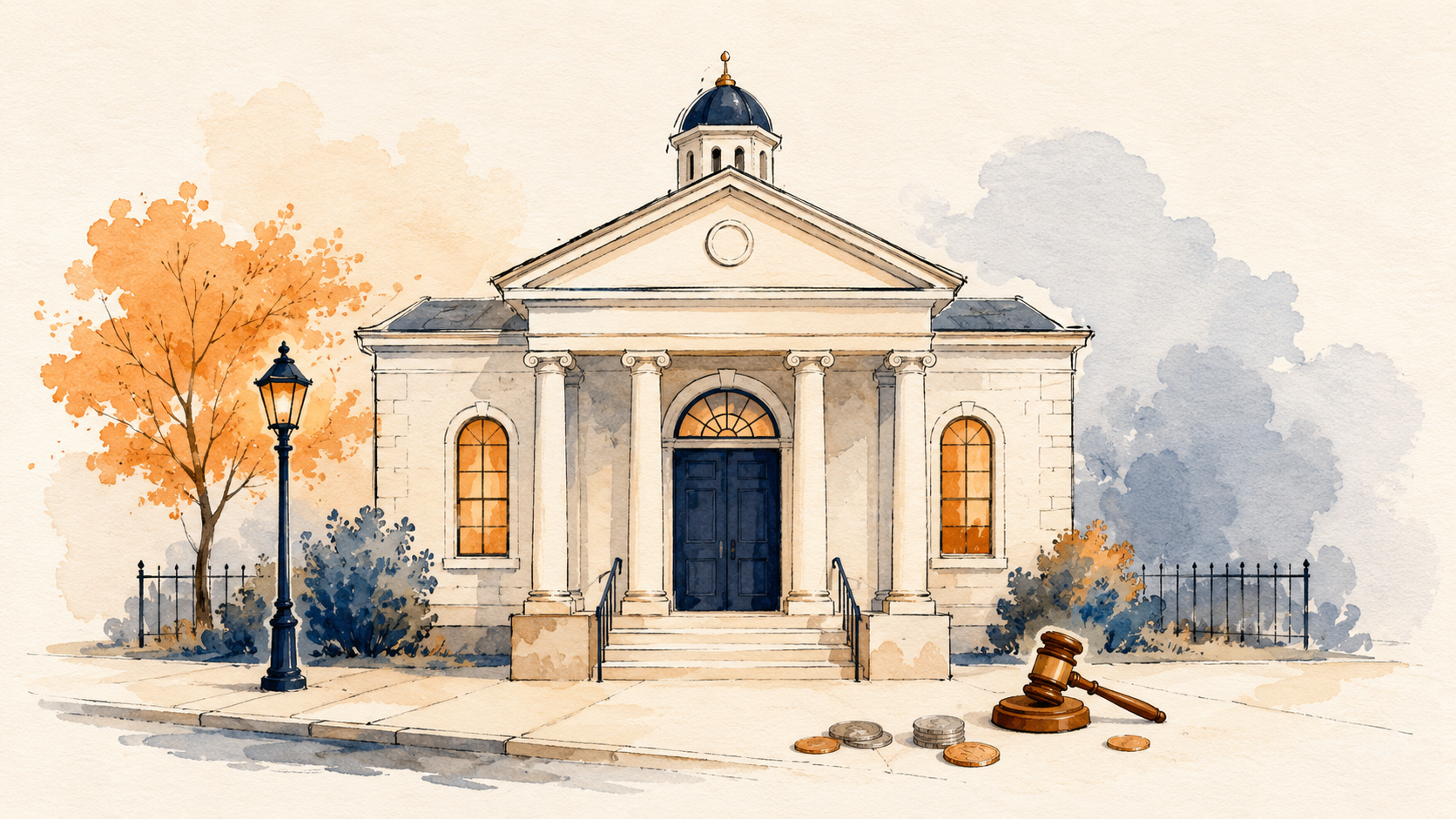 Watercolor illustration of a small friendly courthouse with a gavel and coins nearby