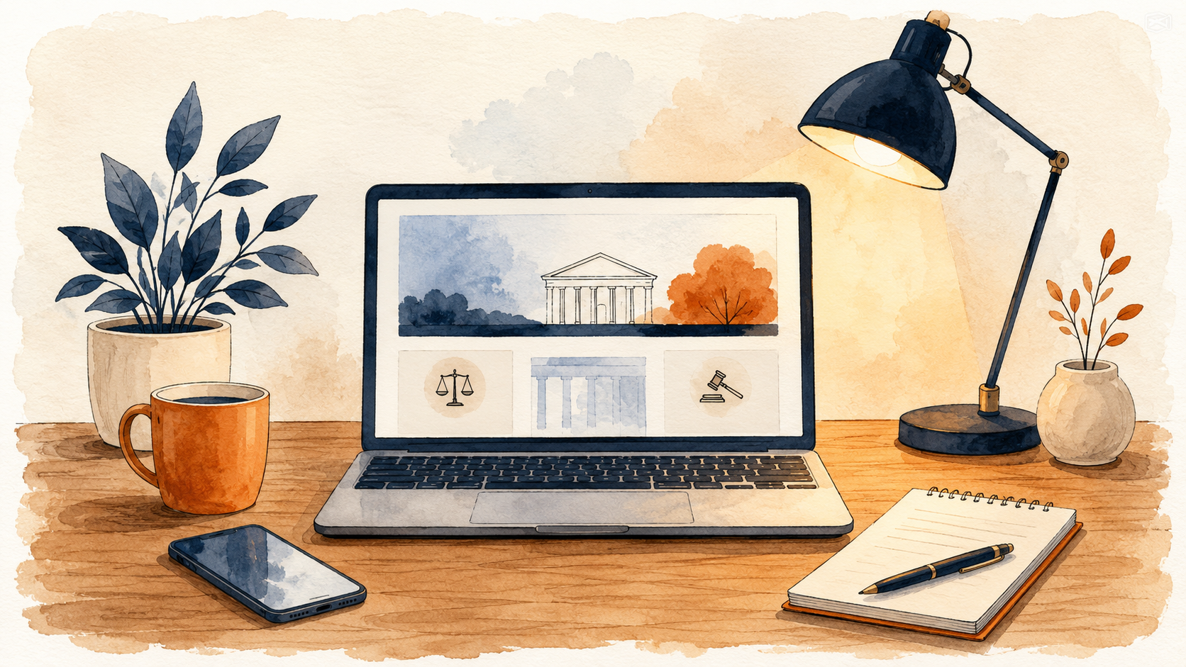 Watercolor illustration of a desk with an open laptop, phone, and notepad for looking up local court rules