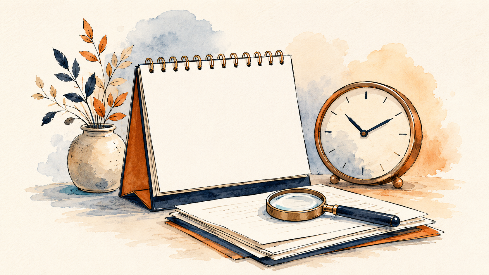 Watercolor illustration of a desk calendar beside a clock and a magnifying glass over papers