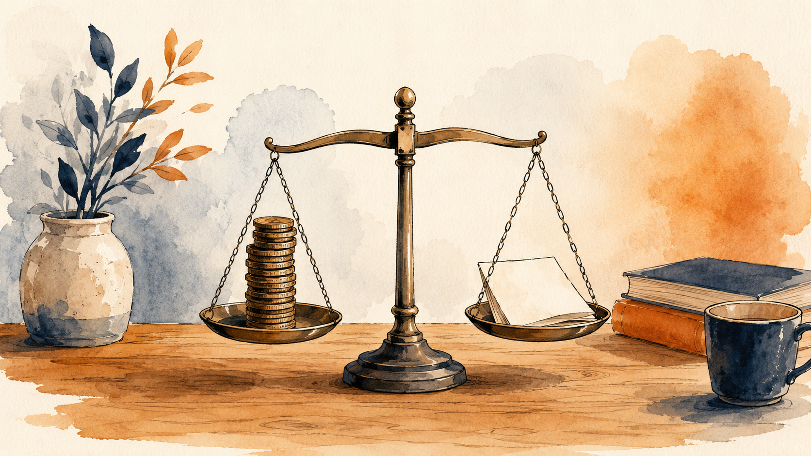 Watercolor illustration of a balance scale weighing coins against a folded legal document