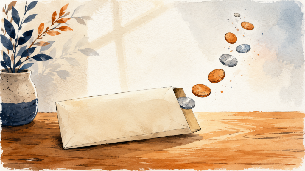 A pay envelope on a table with a portion of coins lifting away, suggesting part of a paycheck held back