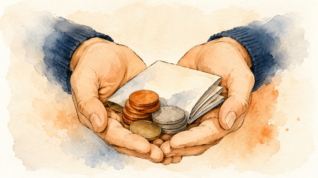 Two cupped hands protecting a stack of coins and a folded document, suggesting protected income