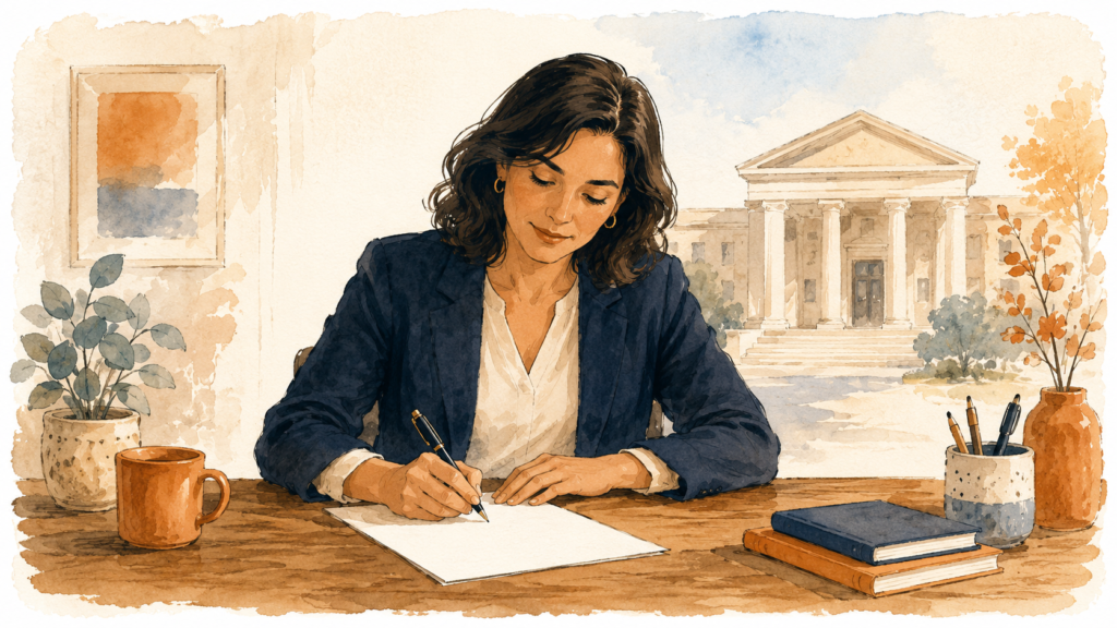 A person signing a form at a desk with a small courthouse in the background