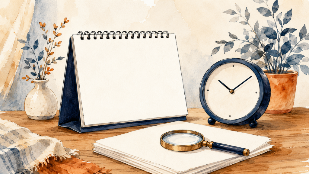 A blank desk calendar, a round clock, and a magnifying glass resting on a stack of papers