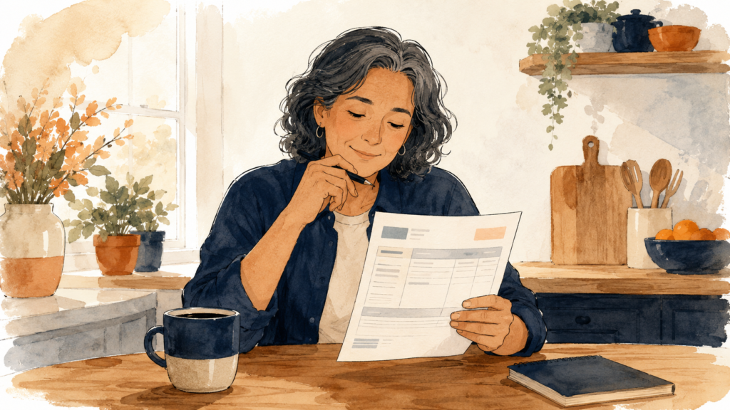 A calm person at a kitchen table reviewing a paper pay stub, warm and reassuring