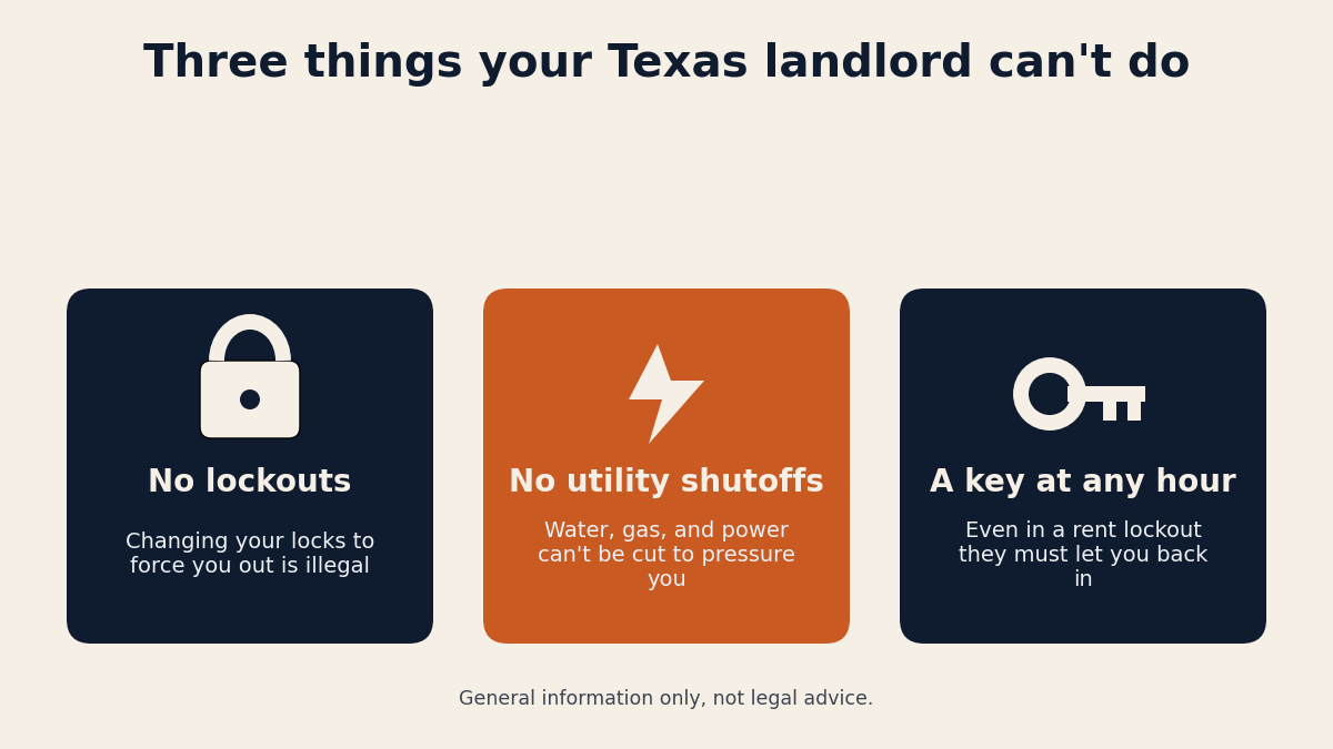 Three things a Texas landlord cannot do: lock you out, shut off utilities, or refuse you a new key