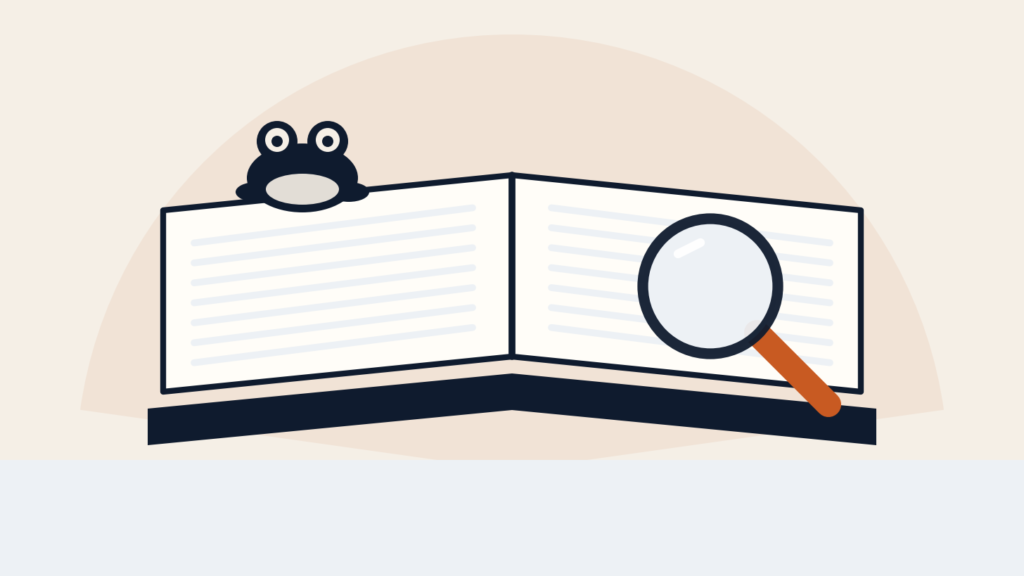 Open law book with a magnifying glass and a small frog perched on the page