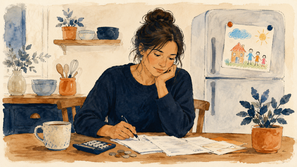 Soft watercolor illustration of a caring parent at a kitchen table with a calculator and coins, a child crayon drawing on the fridge behind, working out child support