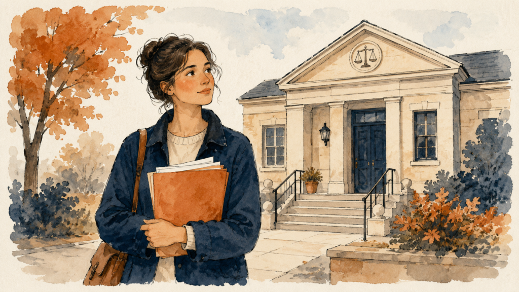 Soft watercolor illustration of a person holding a folder of papers outside a small courthouse, deciding whether to hire a lawyer for small claims court