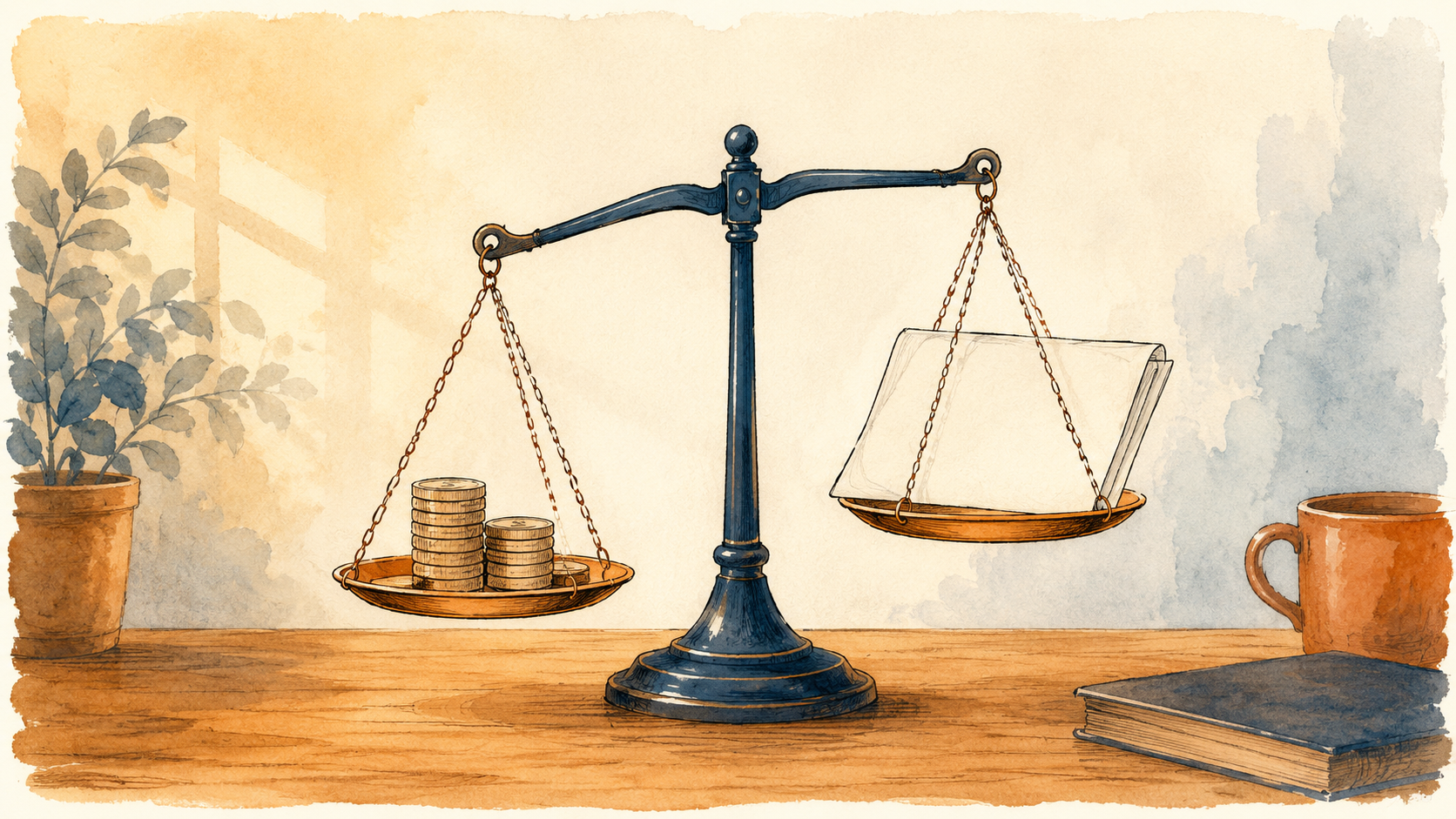 Soft watercolor illustration of a balance scale weighing a stack of coins against a folded legal document, representing a lawyer cost versus the size of a claim