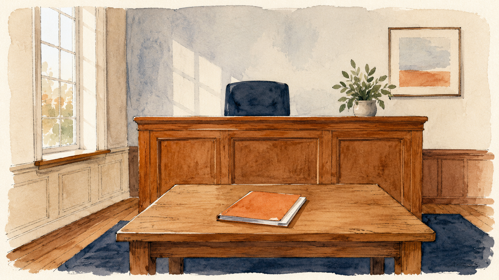 Soft watercolor illustration of a warm, empty small courtroom with a wooden judge bench and a table, approachable and not intimidating