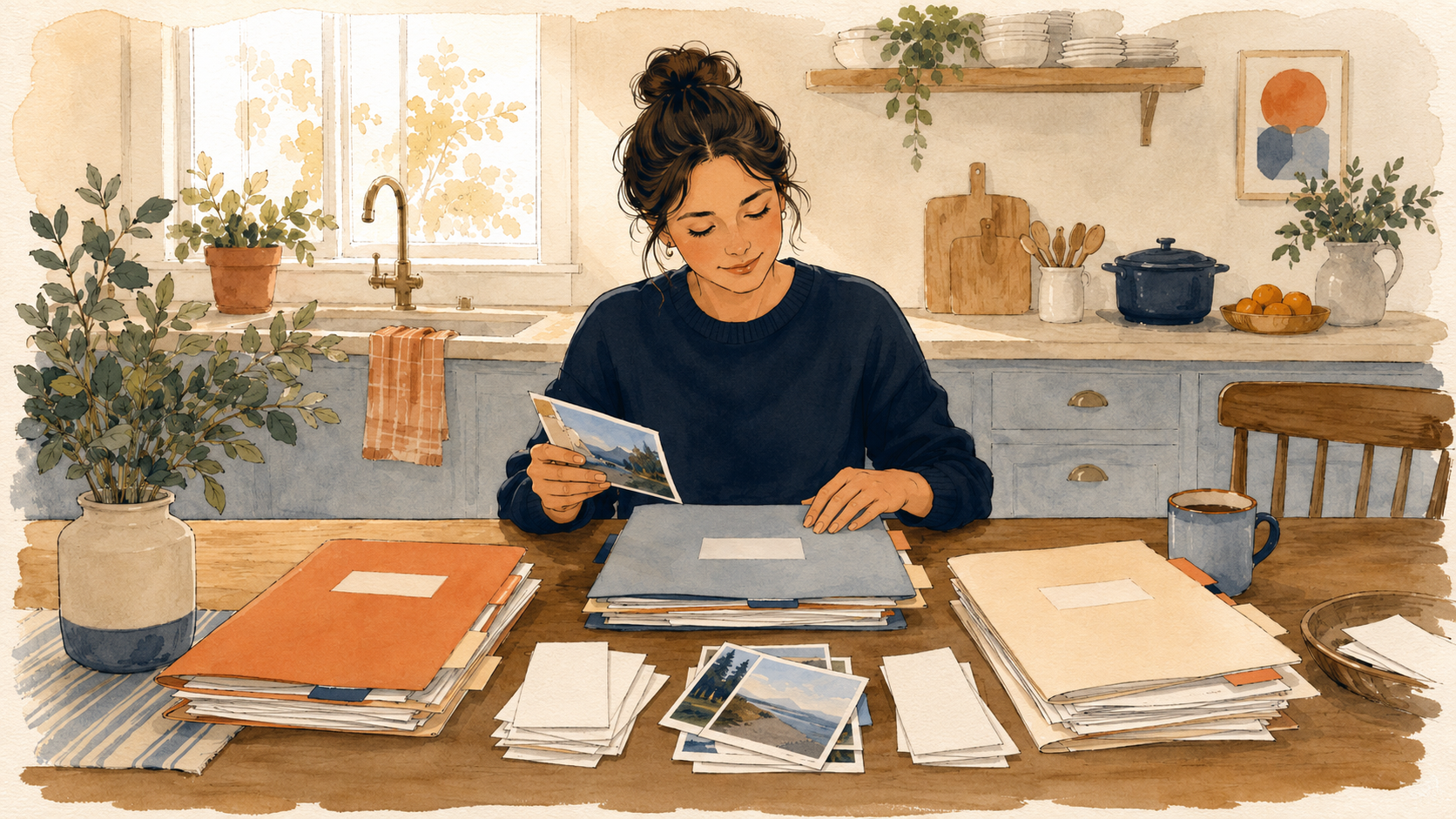 Soft watercolor illustration of a person at a kitchen table sorting folders, receipts, and photos, preparing their own small claims case