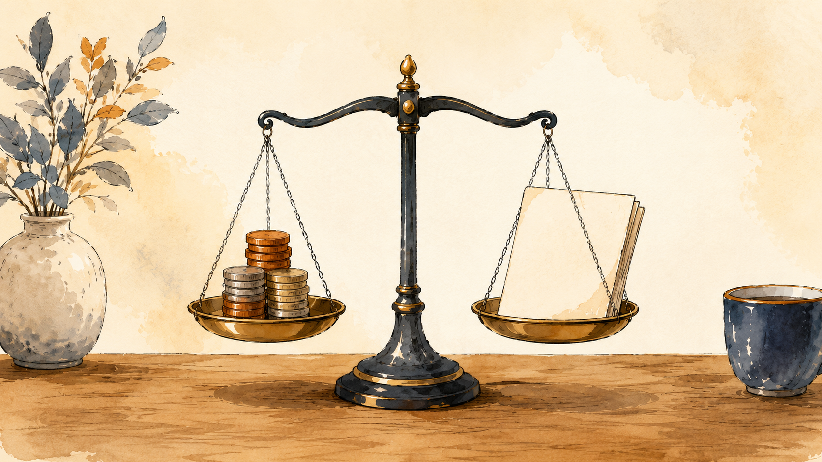 A balance scale with coins on one side and a folded document on the other