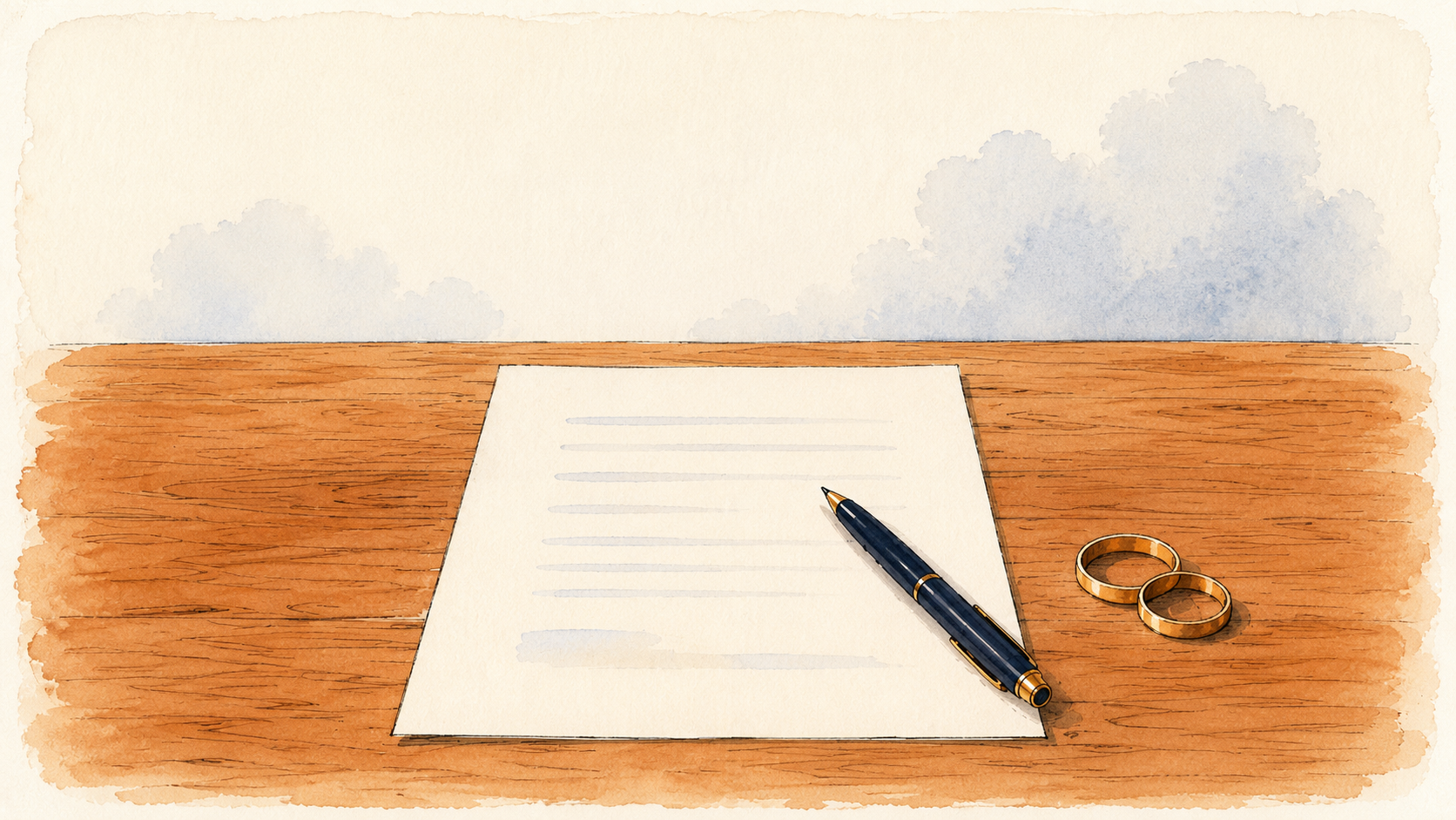 A single sheet of paperwork with a pen and two wedding rings on a desk