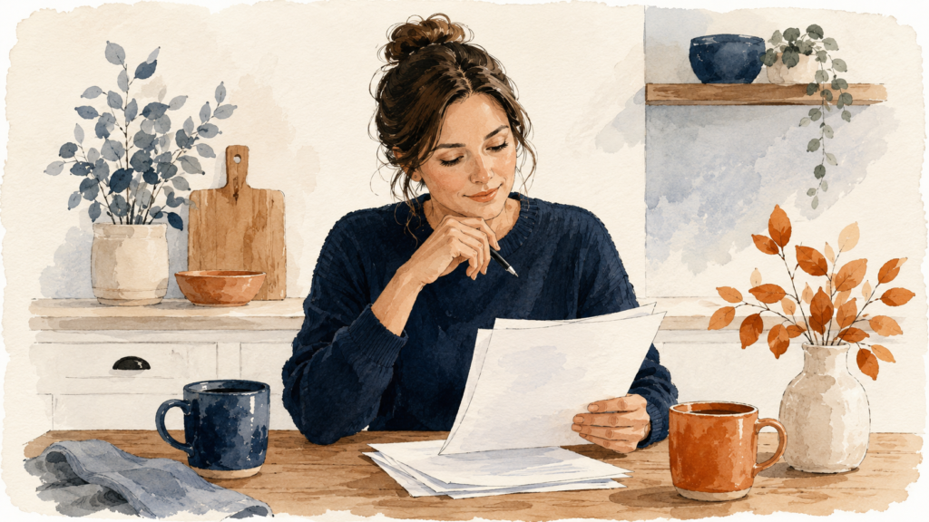 A calm person at a kitchen table reviewing divorce paperwork