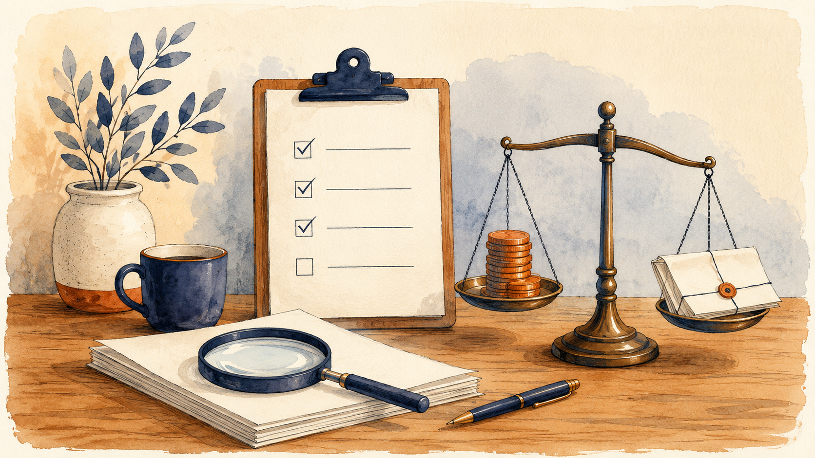 A checklist clipboard and a magnifying glass over a stack of papers