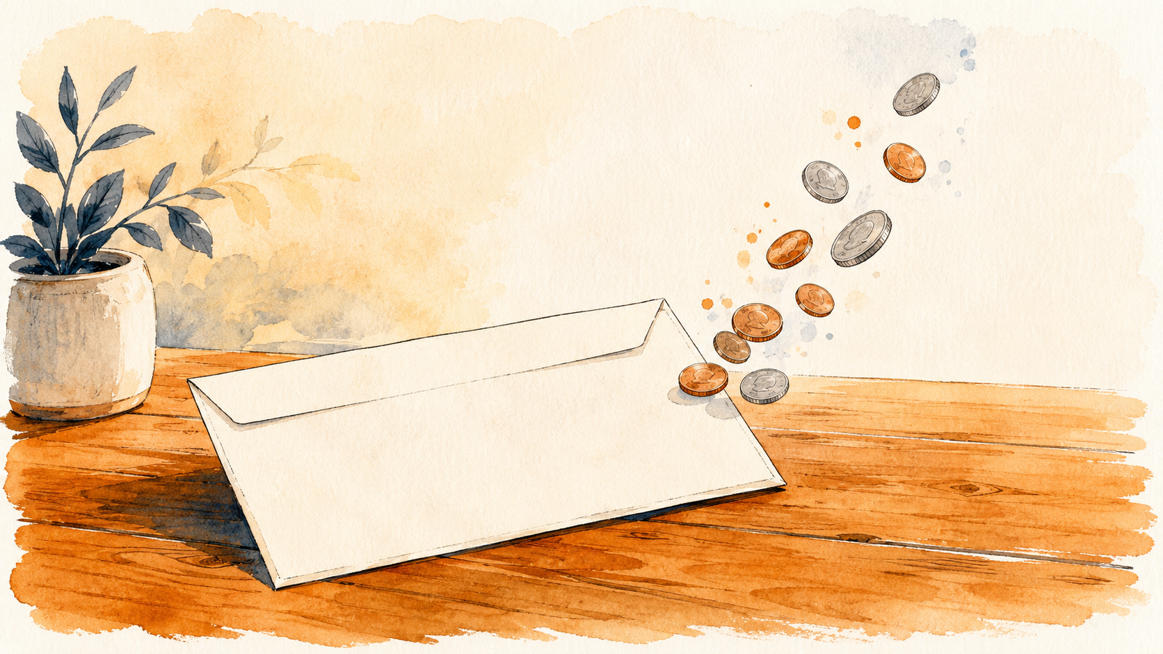 A pay envelope with a portion of coins lifted away