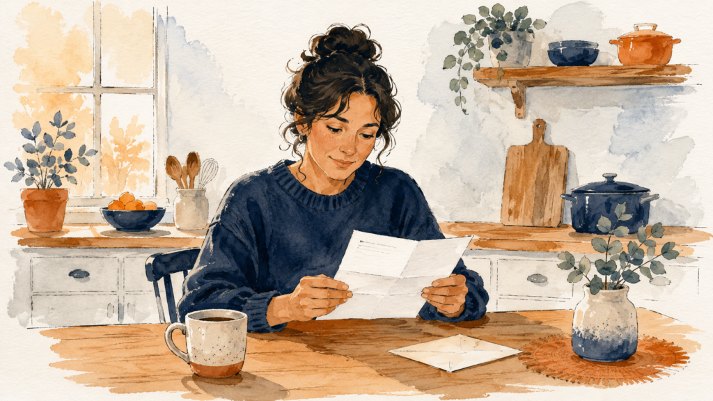 A calm person at a kitchen table reviewing a paper pay stub
