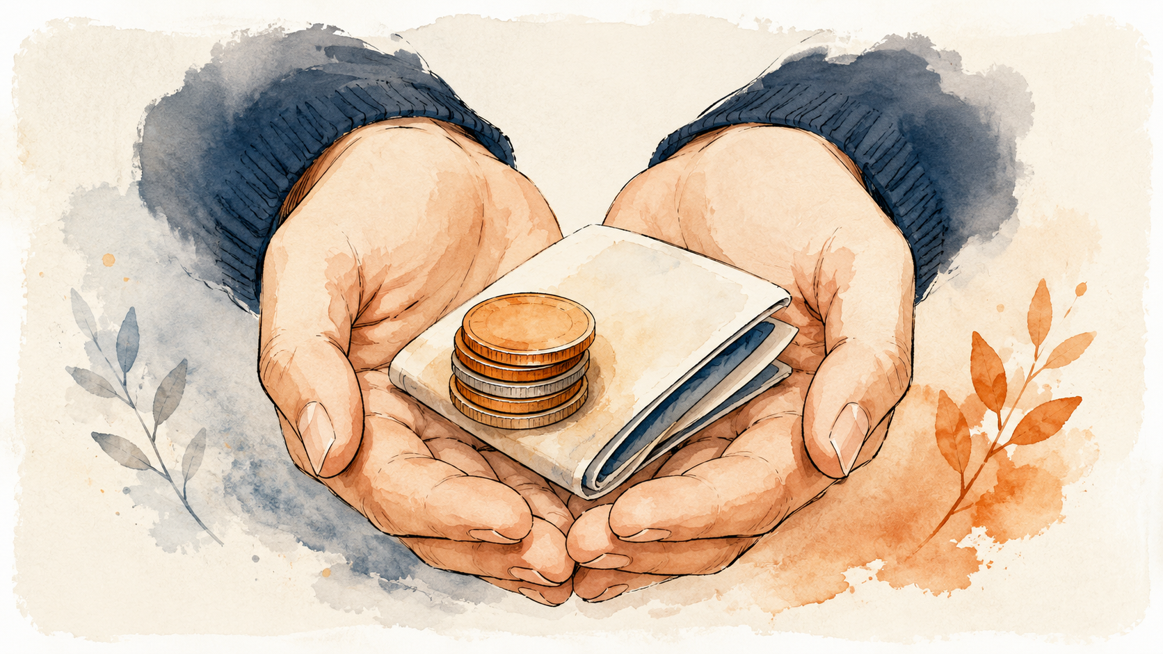 Cupped hands protecting a small stack of coins