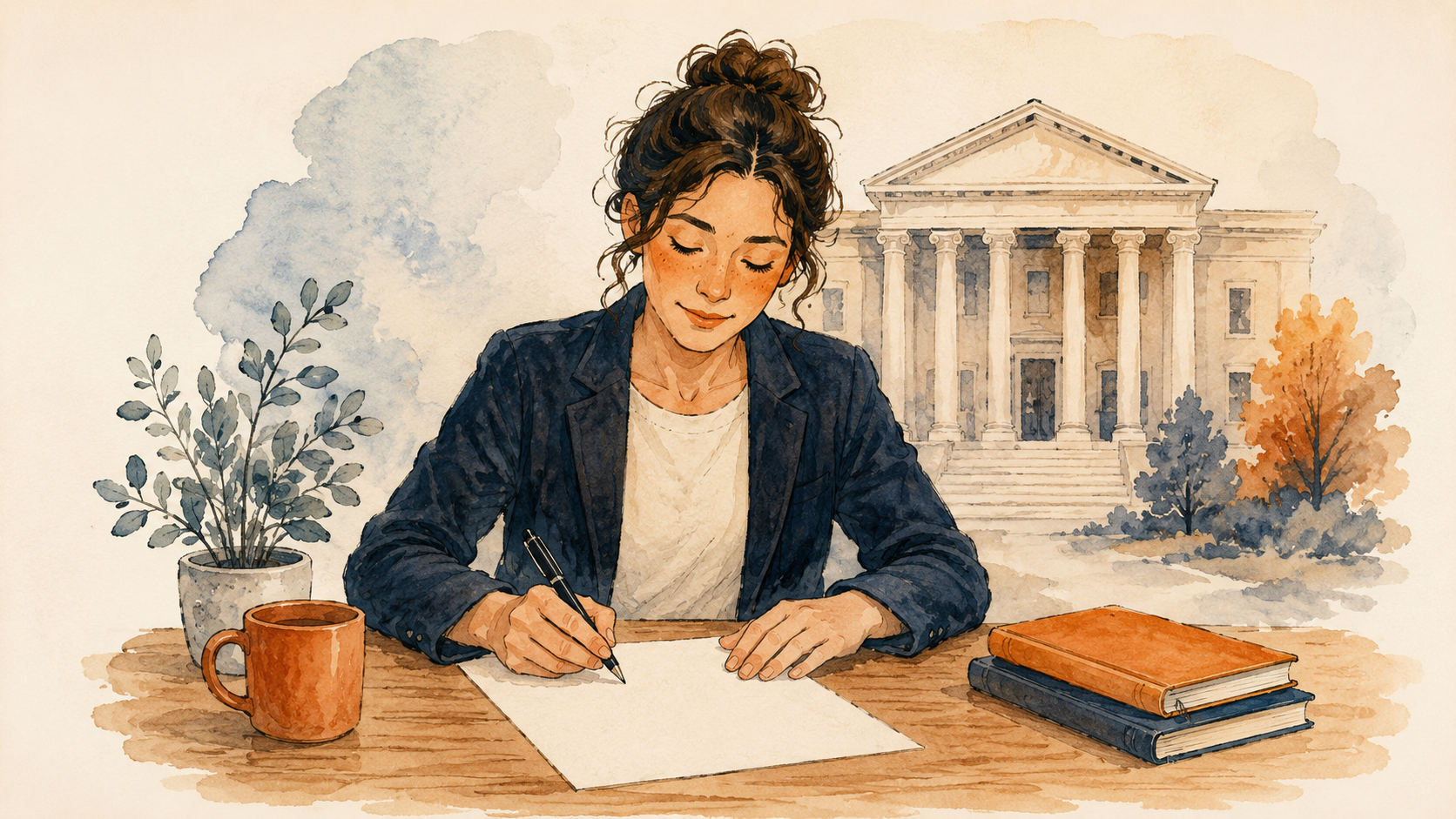 A person signing a form with a small courthouse behind