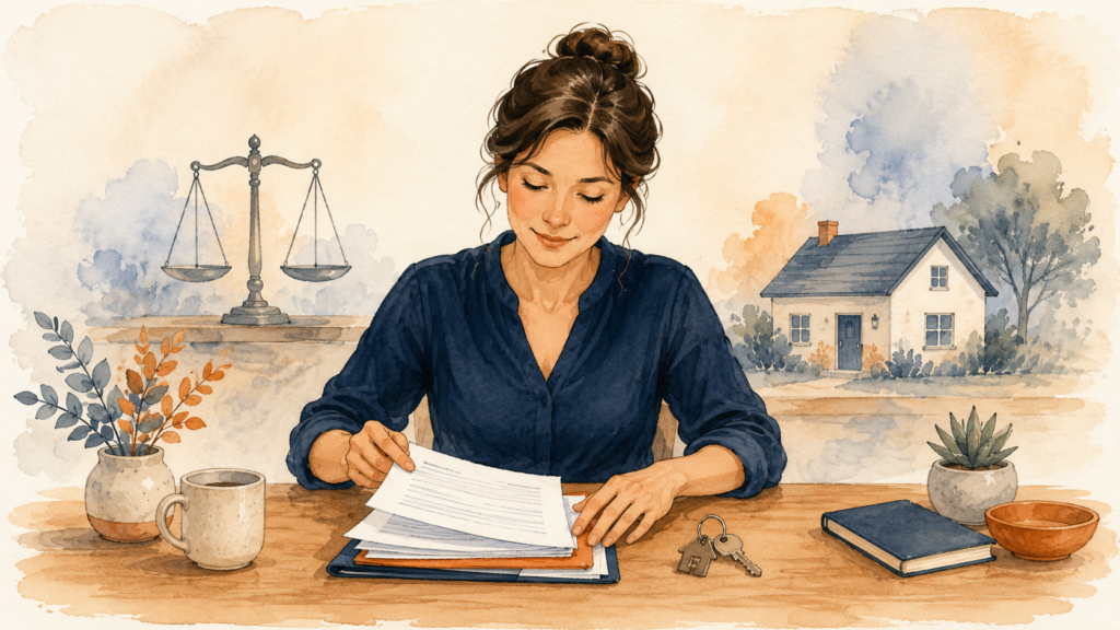Soft watercolor illustration of a calm person at a desk organizing estate documents and a house key, with scales of justice and a small house behind, representing the probate process