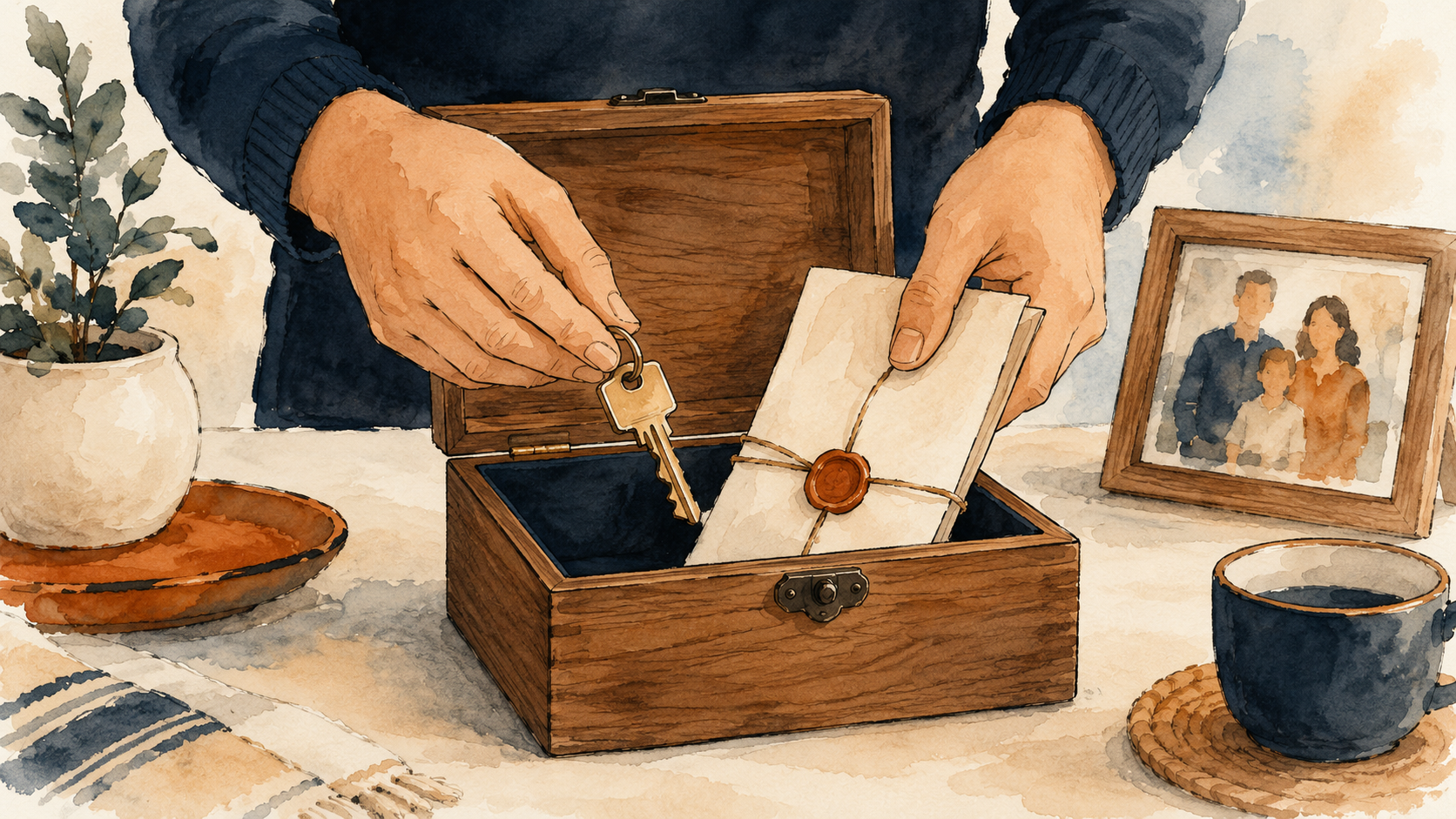 Watercolor illustration of hands placing a house key and a sealed document into a keepsake box beside a family photo, representing keeping a home out of probate