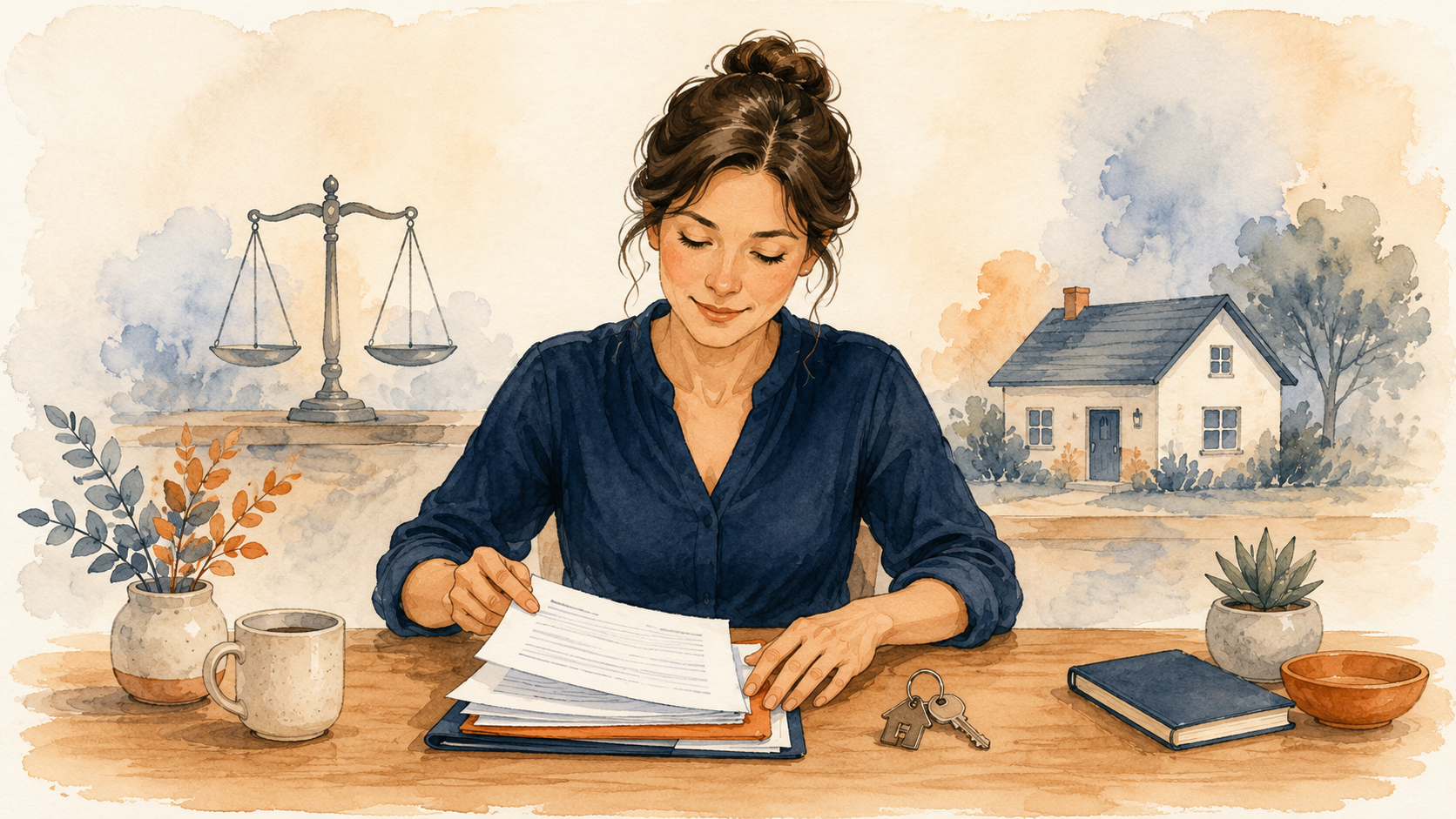 Watercolor illustration of a desk with a neat stack of estate documents, a stamp, a pen, and house keys, representing the steps of probate