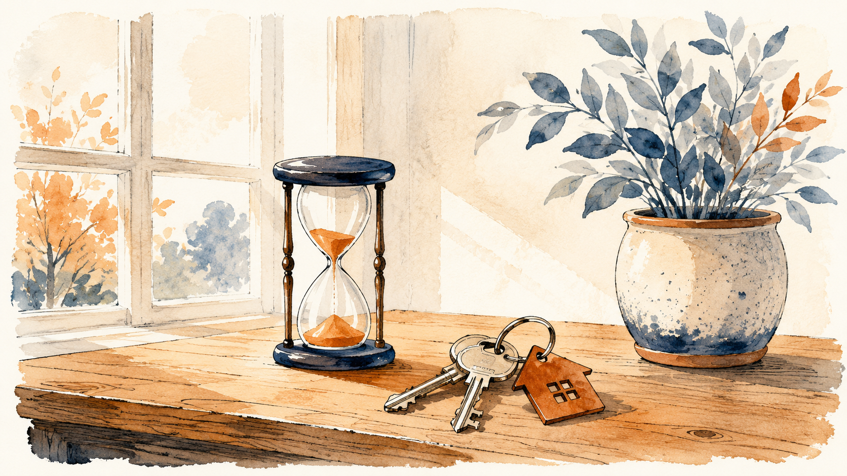 Watercolor illustration of an hourglass, house keys, and a plant on a sunny windowsill, representing how long probate takes