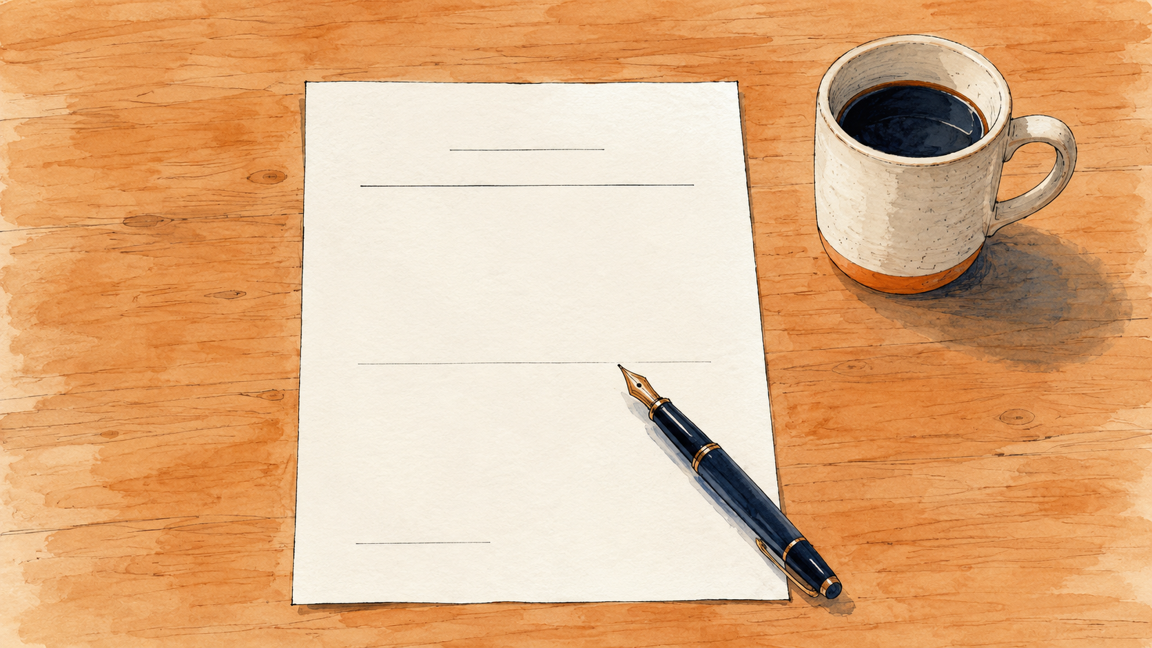 A one page document with a fountain pen and a coffee mug on a kitchen table