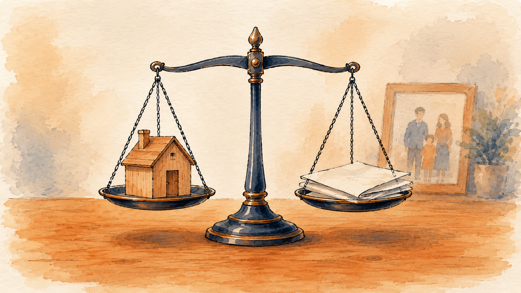 Balance scales with a small house model on one side and documents on the other, a family photo behind