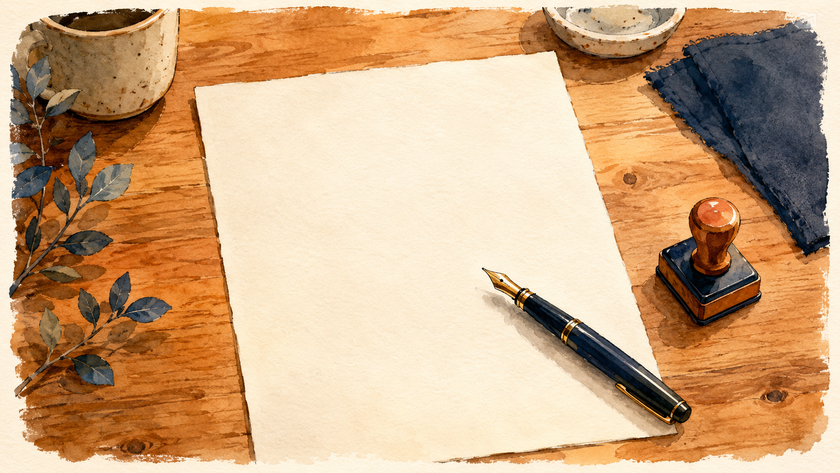 A document on a wooden desk with a fountain pen and a small rubber stamp beside it