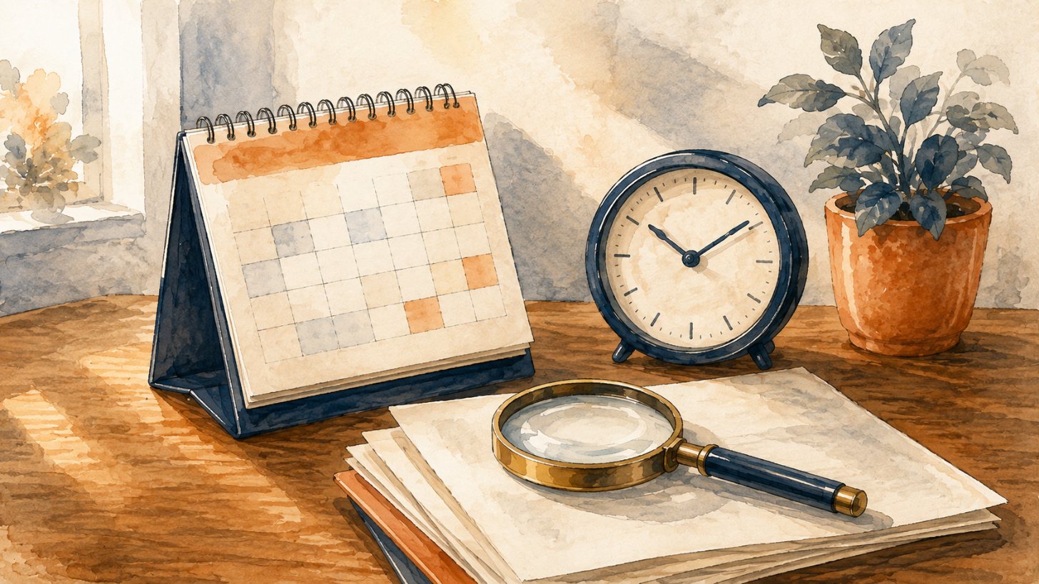 A desk calendar, a clock and a magnifying glass on a stack of papers