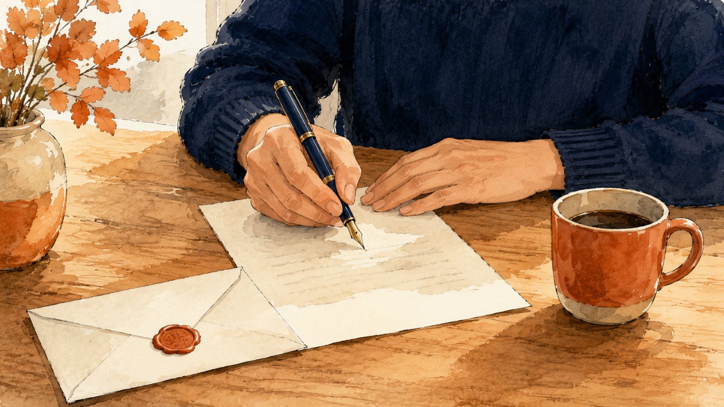 Hands writing a dispute letter with a fountain pen beside a sealed envelope