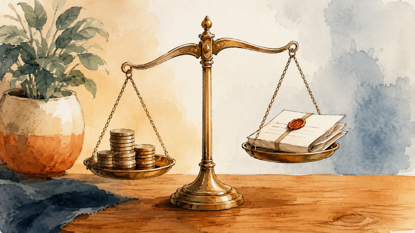 A balance scale with coins on one pan and a folded legal document on the other