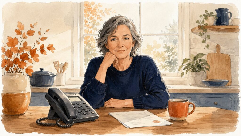 A calm person at a kitchen table with a desk phone and an official letter