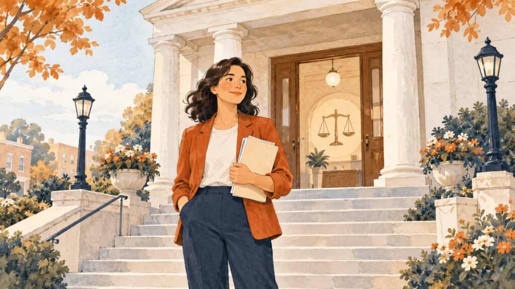 Person with a folder of papers on the steps of a small courthouse