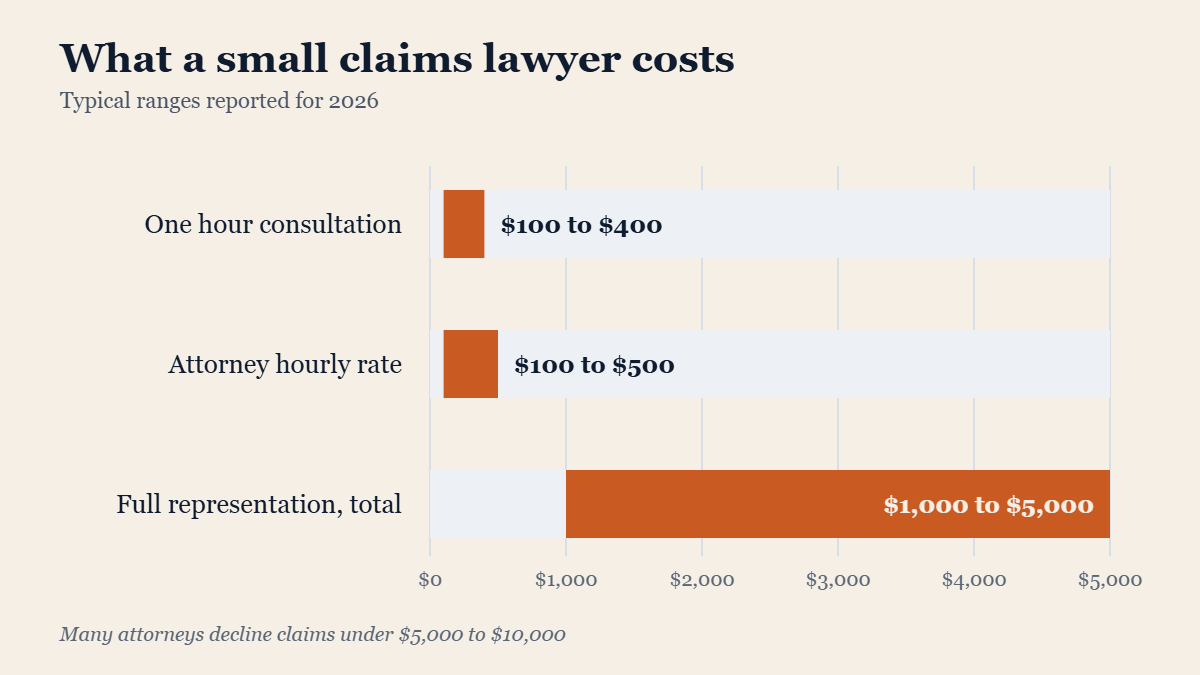 Chart showing what a small claims lawyer costs by consultation hourly rate and full representation