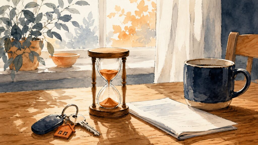 An hourglass, house keys and a folded document on a kitchen table