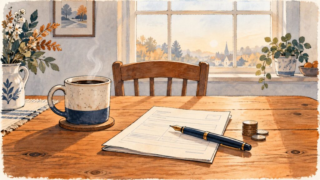 A coffee mug, a claim form with a pen, and a stack of coins on a kitchen table